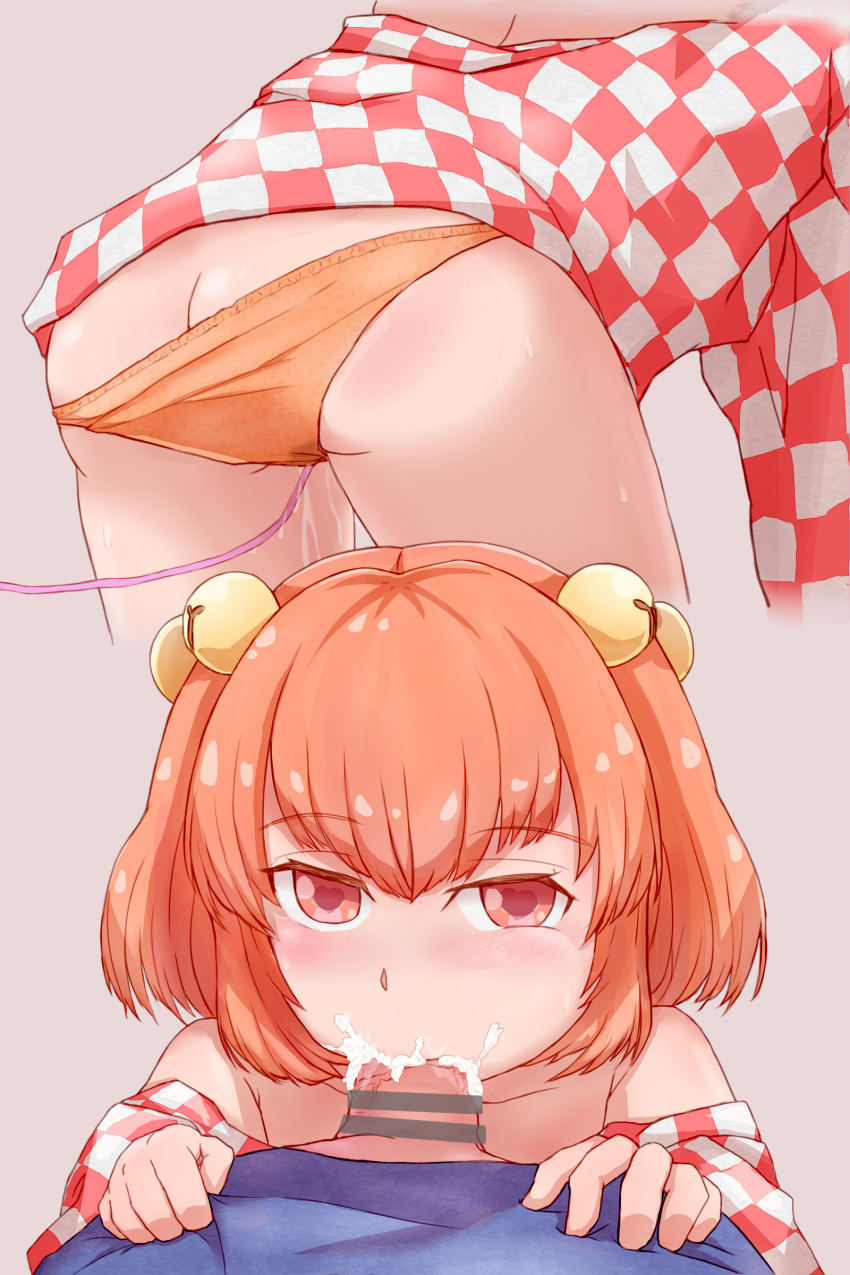 1boy absurdres ass bell blush braid butt_crack checkered checkered_kimono cum cum_in_mouth fellatio female guro_mental hair_bell hair_ornament heart heart-shaped_pupils highres japanese_clothes kimono kosuzu_motoori off_shoulder oral orange_eyes orange_hair orange_panties panties partially_undressed penis symbol-shaped_pupils touhou twin_braids underwear vibrator vibrator_under_panties