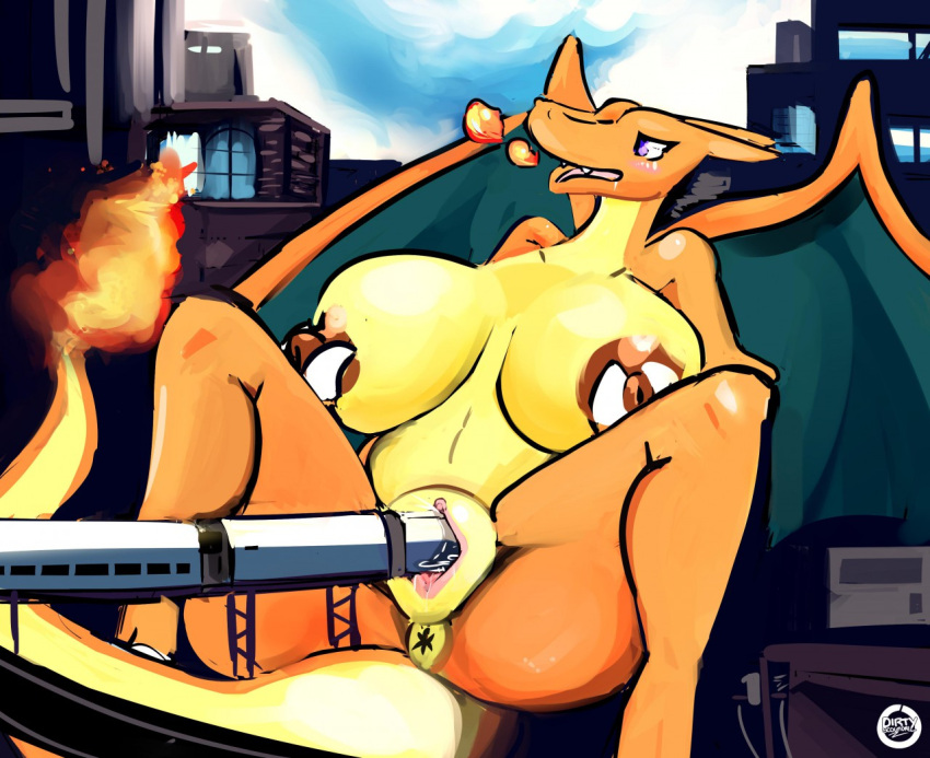 anthro chari-gal charizard city_background dirtyscoundrel female female_only giantess insertion nintendo object_insertion pokémon_(species) pokemon pokemon_(species) train