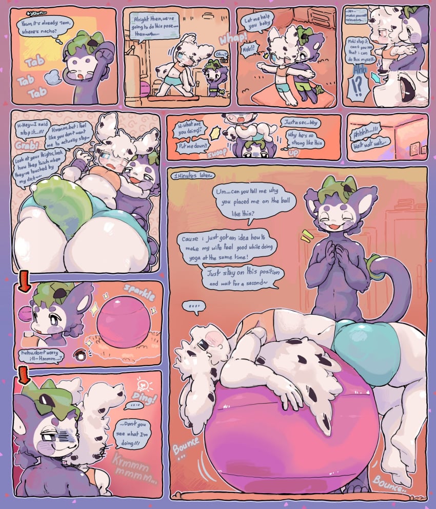 anthro arthropod ass ball bulge butt_grab carrying_another chibi clothed clothing comic dialogue duo english_text exercise_ball femboy grope hand_on_butt haplorhine heterochromia hi_res insects lepidopteran light_bulb living_tail male male/male mammal moki_(mokimonky) monkey moth nacho_(nachokokoni) namu_(artist) onomatopoeia primate purple_body sex smug sound_effects speech_bubble stretching tail tail_head text thigh_sex unusual_anatomy unusual_tail white_body white_wings wings yoga yoga_mat