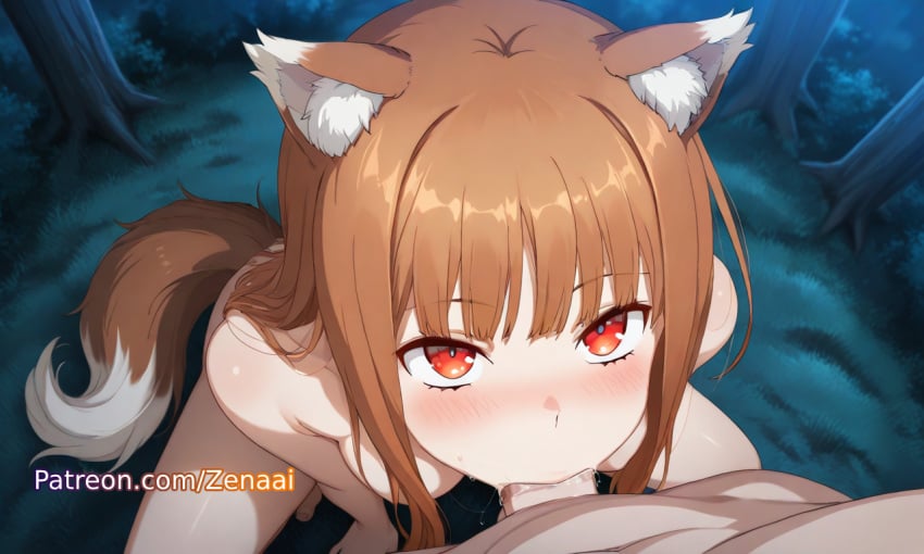 1boy 1girls :>= ai_generated animal_ears blush breasts brown_hair completely_nude fellatio female holo long_hair looking_at_viewer male nude oral outdoors patreon penis pov red_eyes solo_focus spice_and_wolf straight tail tree wolf_ears wolf_girl wolf_tail zenaai