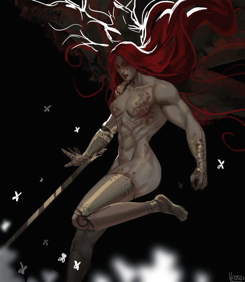 abs absurdres amputee black_background breasts bug butterfly closed_mouth commentary completely_nude elden_ring english_commentary female floating_hair flying golden_sword highres holding holding_sword holding_weapon long_hair malenia_blade_of_miquella malenia_goddess_of_rot muscular muscular_female navel nude prosthesis prosthetic_arm prosthetic_leg red_hair red_lips simple_background solo sword triple_amputee very_long_hair weapon wings yen_(yenyenyen19)