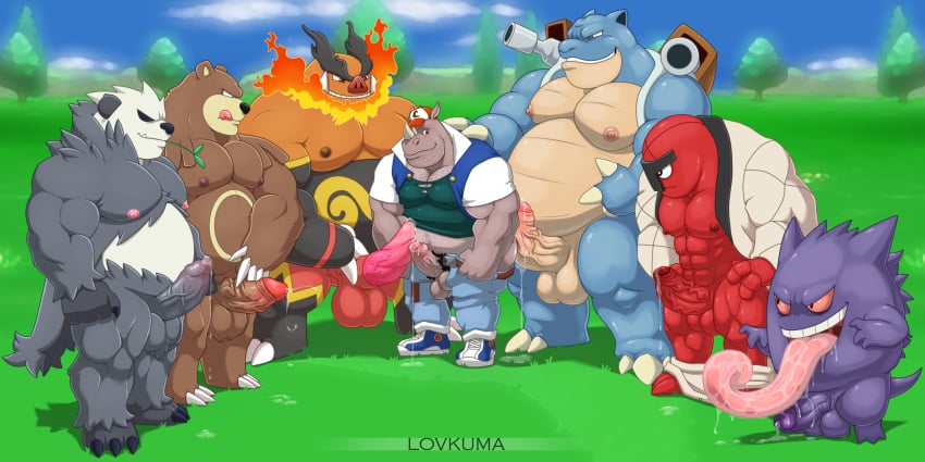 anthro balls blastoise emboar erection frottage gengar group lovkuma male male_only mammal musclegut muscular nintendo overweight pangoro penis pokemon rhinoceros sex throh ursaring video_games yaoi