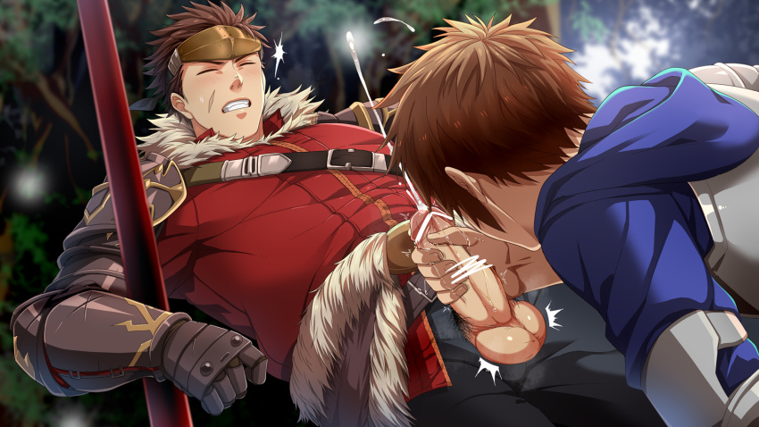 2boys armor blush brown_hair clenched_teeth cum ejaculation erection fighter_(granblue_fantasy) gran_(granblue_fantasy) granblue_fantasy handjob hihumi male multiple_boys nature orgasm outdoors penis penis_grab pubic_hair resfrio ryan_(granblue_fantasy) saliva scar staff steam sweat tagme testicles tree weapon wince yaoi