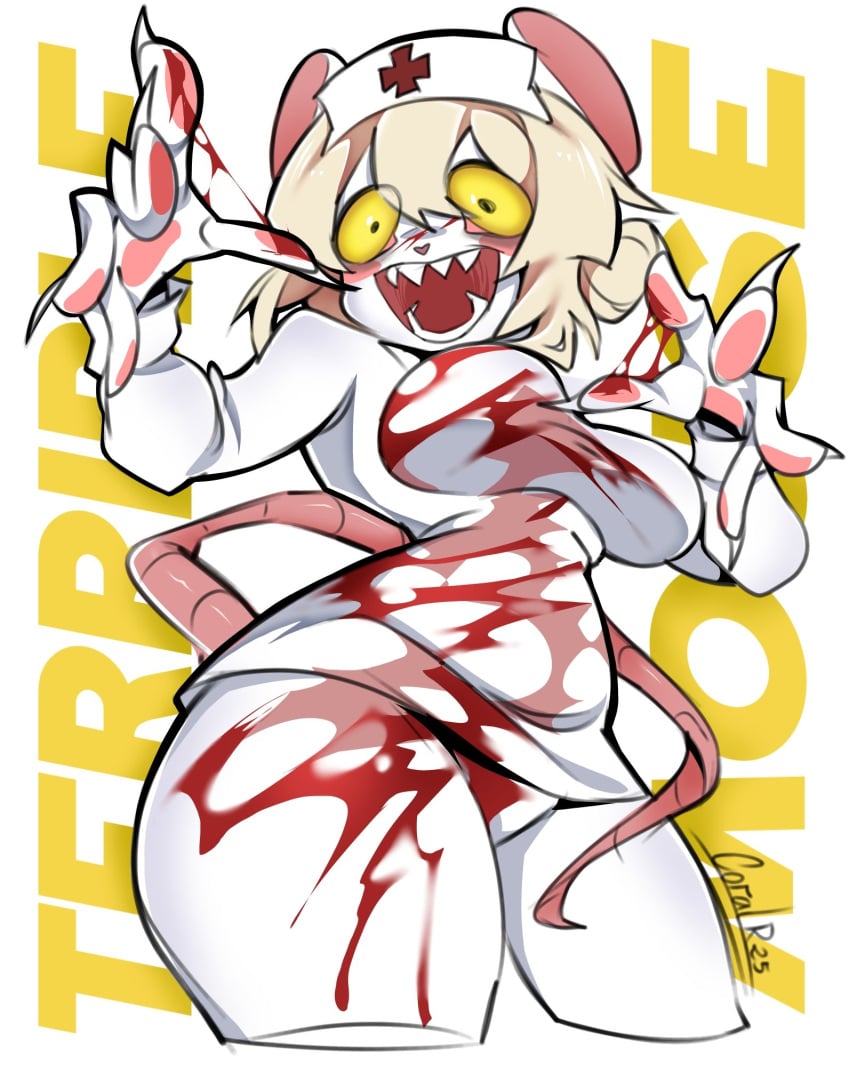 anthro black_eyes blonde_hair blood blush bodily_fluids breasts claws clothing female fur furry hair hat headgear headwear hi_res hotarukooo lorna_(terrible_mouse) mammal mouse murid murine nails nurse nurse_clothing nurse_headwear pawpads paws pink_pawpads rat rodent smile solo tail terrible_mouse white_body white_fur yellow_eyes