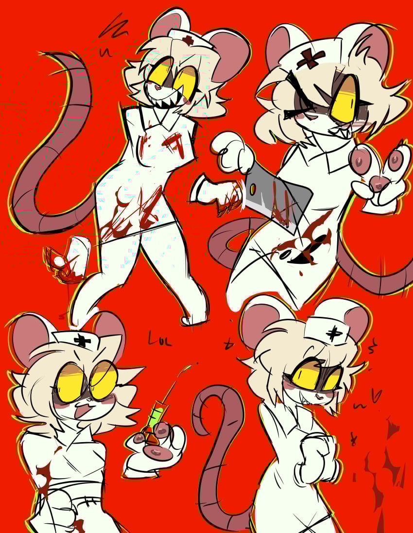 anthro black_eyes blonde_hair blood blush bodily_fluids breasts claws clothing cutlery female fur furry hair hat headgear headwear kitchen_knife kitchen_utensils knife lorna_(terrible_mouse) mammal medical_instrument mouse murid murine nails nurse nurse_clothing nurse_headwear pawpads paws rat rodent scalpel scientific_instrument smile solo surgical_instrument syringe tail terrible_mouse tools white_body white_fur xv01d yellow_eyes