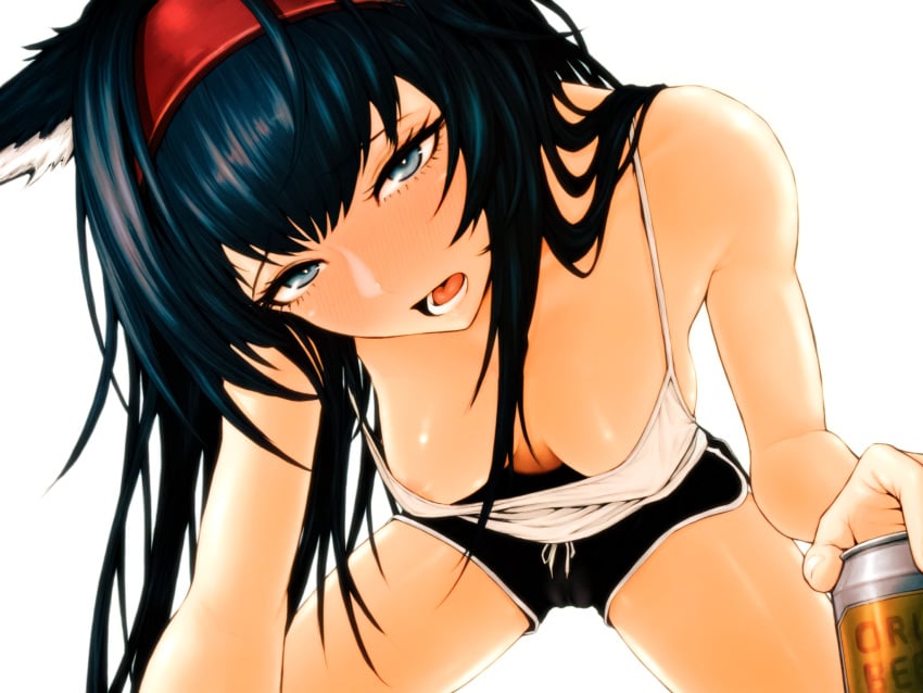 ai_assisted ai_generated animal_ears arknights beer beer_can black_shorts blaze_(arknights) blue_eyes breasts cameltoe camisole cat_ears cat_girl close-up dolphin_shorts drunk female headband innerboob leaning_forward long_hair looking_at_viewer muchdoge open_mouth pov red_headband shorts thighs white_background white_camisole