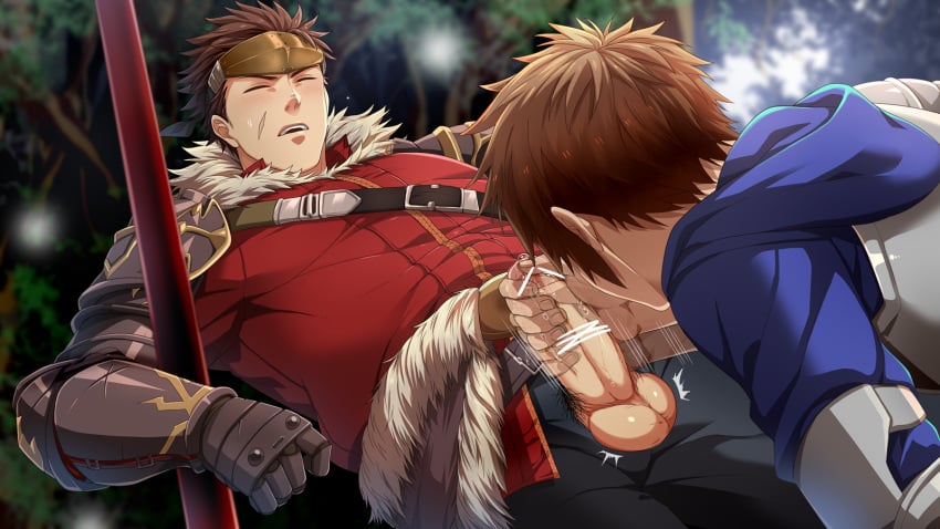 2boys armor blush brown_hair cum erection fighter_(granblue_fantasy) gran_(granblue_fantasy) granblue_fantasy handjob hihumi male multiple_boys nature outdoors penis penis_grab pubic_hair resfrio ryan_(granblue_fantasy) saliva scar staff steam sweat tagme testicles tree weapon wince yaoi