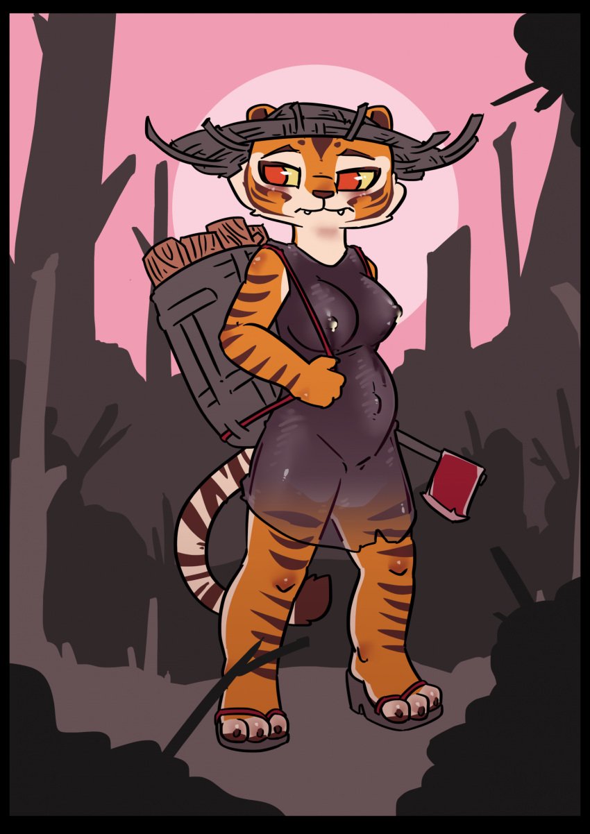 anthro axe blush bodily_fluids breasts clothing crowskull cute_fangs dreamworks fangs female footwear forest hat headgear headwear hi_res high_heeled_sandals high_heels kung_fu_panda lactating master_tigress natural_breasts plant pregnant pregnant_female sandals shoes solo straw_hat sun teeth translucent translucent_clothing tree wood working