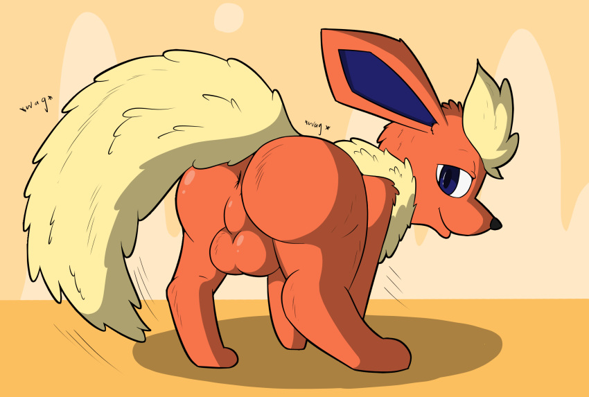 anus ass backsack balls eeveelution feral flareon male mammal nintendo pokemon presenting presenting_hindquarters rvlis simple_background smile solo video_games