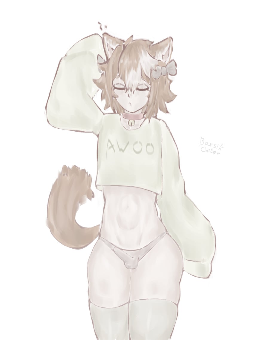 big_ass closed_eyes crossdressing dog_ears dog_tail eepy eyelashes femboy genshin_impact gorou_(genshin_impact) male male_only oversized_clothes panties partially_colored penis_in_panties sleepy thigh_highs thighs tired topwear
