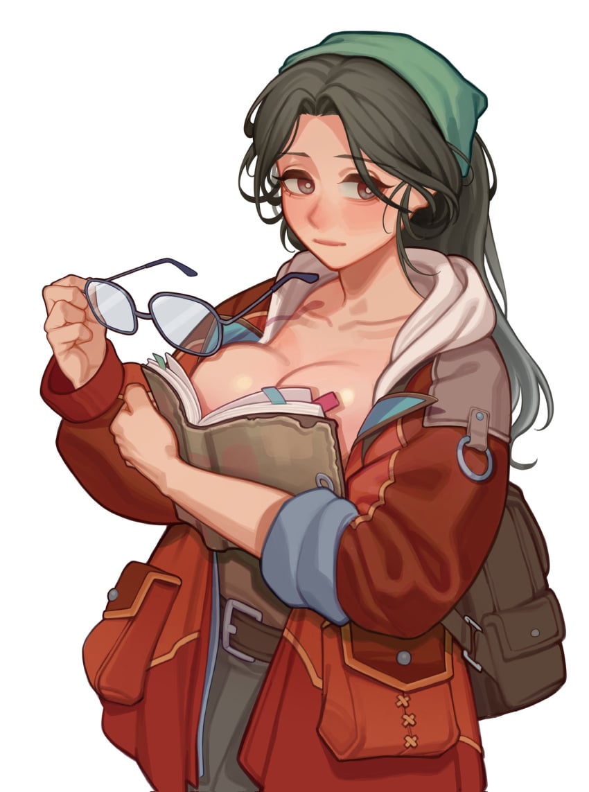 1girls alma_(monster_hunter_wilds) black_hair book book_covering_breasts brown_eyes cleavage female glasses hairband large_breasts meme monster_hunter monster_hunter_wilds ouch_meme qkrgk198_(박준바) taking_off_glasses