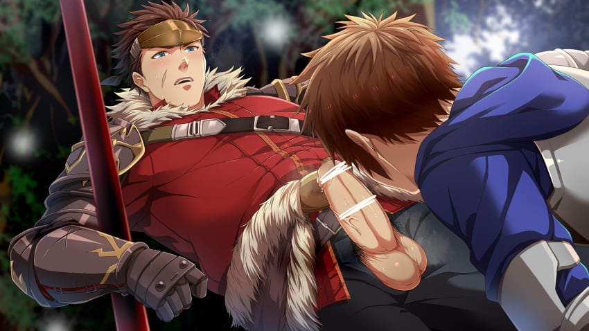 2boys armor blush brown_hair erection fighter_(granblue_fantasy) foreskin gran_(granblue_fantasy) granblue_fantasy hihumi male multiple_boys nature outdoors penis pubic_hair resfrio ryan_(granblue_fantasy) scar staff steam sweat tagme testicles tree weapon yaoi