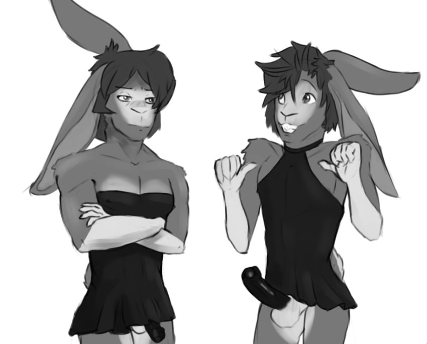 blush brown_hair clothed clothing crossdressing dress duo ember_(laudanumserum) erection excited flaccid hair happy lagomorph laudanumserum letho_(laudanumserum) long_ears male_only mammal monochrome penis rabbit sibling simple_background twins uncut