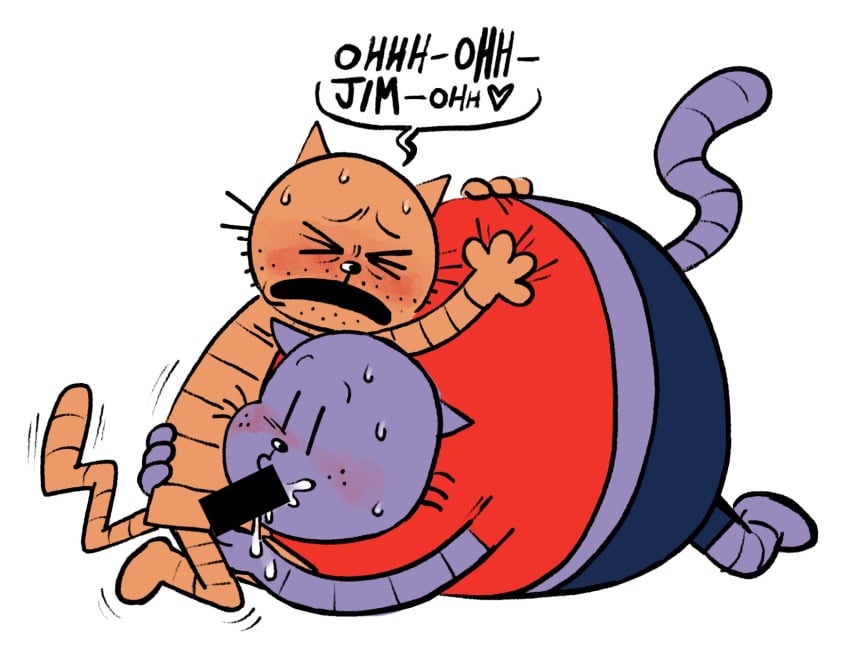 2025 anthro big_jim_(dog_man) blush bodily_fluids bottomwear censored closed_eyes clothing cum dog_man_(series) dogman_(series) domestic_cat duo english_text felid feline felis genital_fluids grampa_(dog_man) hi_res male male/male mammal open_mouth overweight overweight_male shirt shorts simple_background sweat teddyclowns text topwear white_background