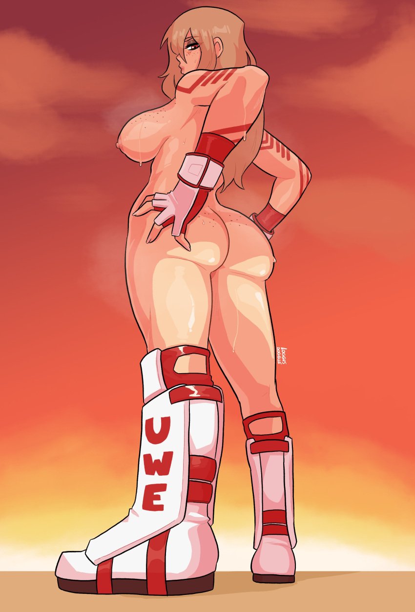 1girls areolae ass boots breasts brown_hair commission female female_only fingerless_gloves freckles freckles_on_ass freckles_on_breasts full_body hands_on_hips jeane_(nmh) loggus_doggus long_hair looking_at_viewer looking_back looking_back_at_viewer nipples no_more_heroes nude nude_female red_eyes solo very_high_resolution viewed_from_below