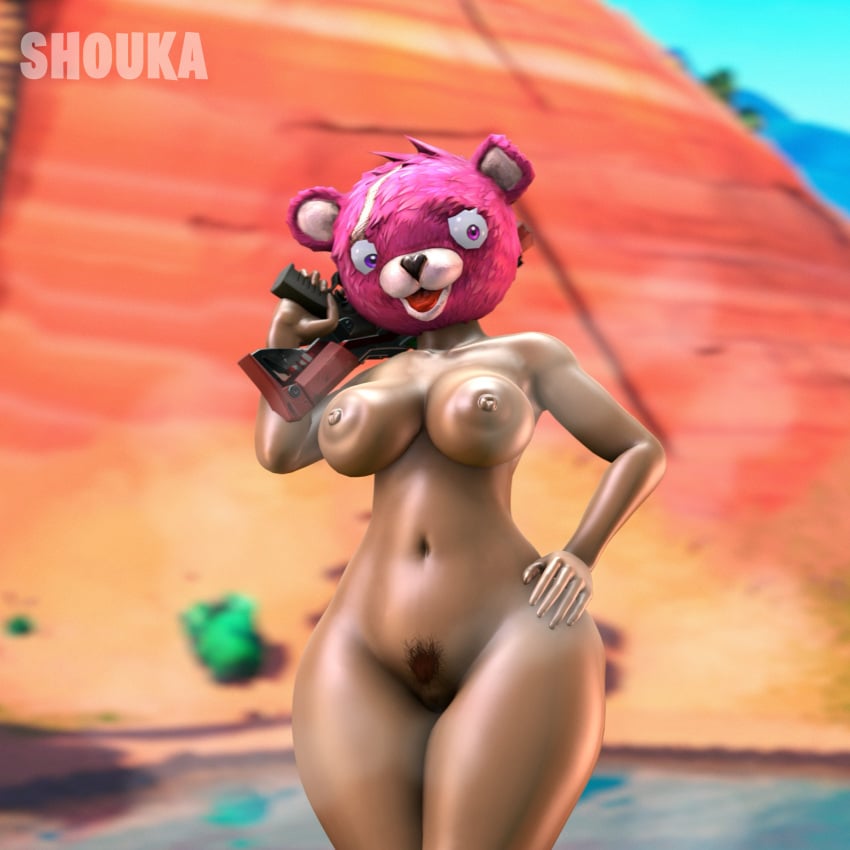 3d areola bear brown_pubes clothing costume cuddle_team_leader desert digital_media_(artwork) epic_games eye_scar facial_scar female fortnite fur genitals glistening glistening_body gun gun_on_shoulder hand_on_hip headgear headwear heart_nose heart_symbol hi_res holding_object holding_weapon human mammal mascot mask nipples object_on_shoulder pink_body pink_fur pubes purple_eyes pussy ranged_weapon scar shotgun shoukaart sky solo source_filmmaker_(artwork) tan_body tan_skin thick_thighs watermark weapon wide_hips