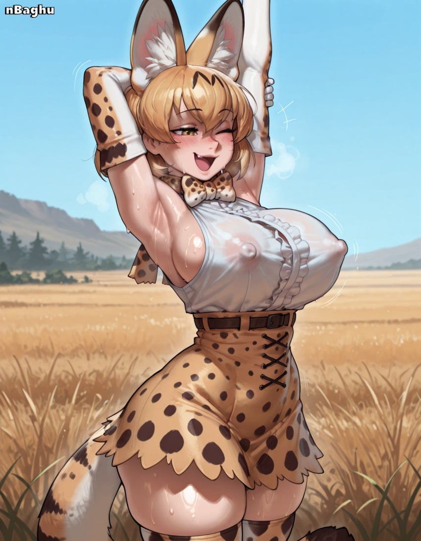 1girls :d ai_generated animal_ear_fluff animal_ears animal_print armpit armpit_fetish armpits arms_up bare_shoulders blonde_hair breasts curvy elbow_gloves female hard_nipples high-waist_skirt highres kemono kemono_friends kemonomimi large_breasts miniskirt nbaghu nipples oerba_yun_fang one_eye_closed serval serval_(kemono_friends) shiny_skin short_hair sideboob skirt sleeveless smile solo solo_female stretching sweat sweaty_armpits tail thick_thighs thighhighs thighs wide_hips yellow_eyes