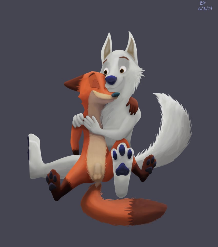 2017 animal_genitalia anus balls brokenfacade cuddling disney gary_(zootopia) gay grey_background male male_only nick_wilde nude penis sheath simple_background yaoi zootopia