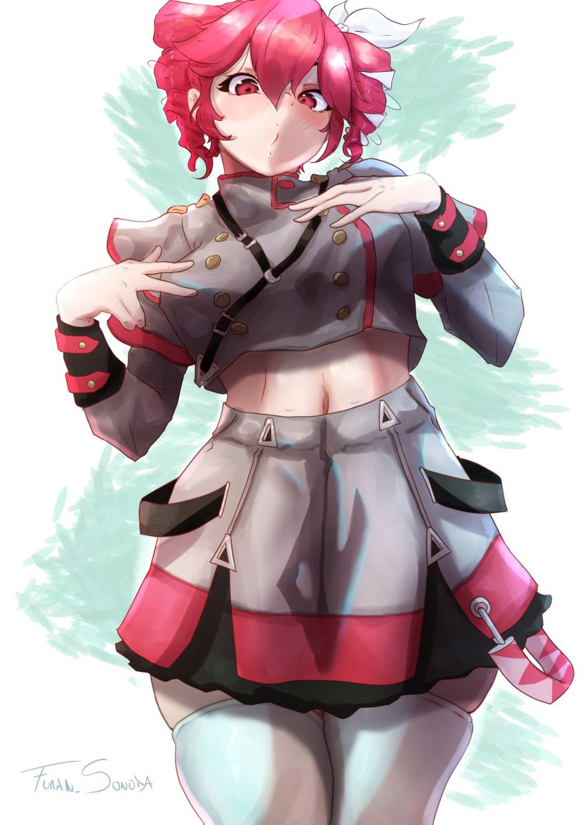 1girls 2d 2d_(artwork) absolute_territory breasts clothing crop_top exposed_belly exposed_midriff female female_only fully_clothed furan_sonoda hair_ornament hairbow hands_on_breasts kasane_teto kasane_teto_(sv) medium_breasts midriff navel red_eyes red_hair skindentation skirt synthesizer_v thick_thighs thighhighs twin_drills utau wide_hips