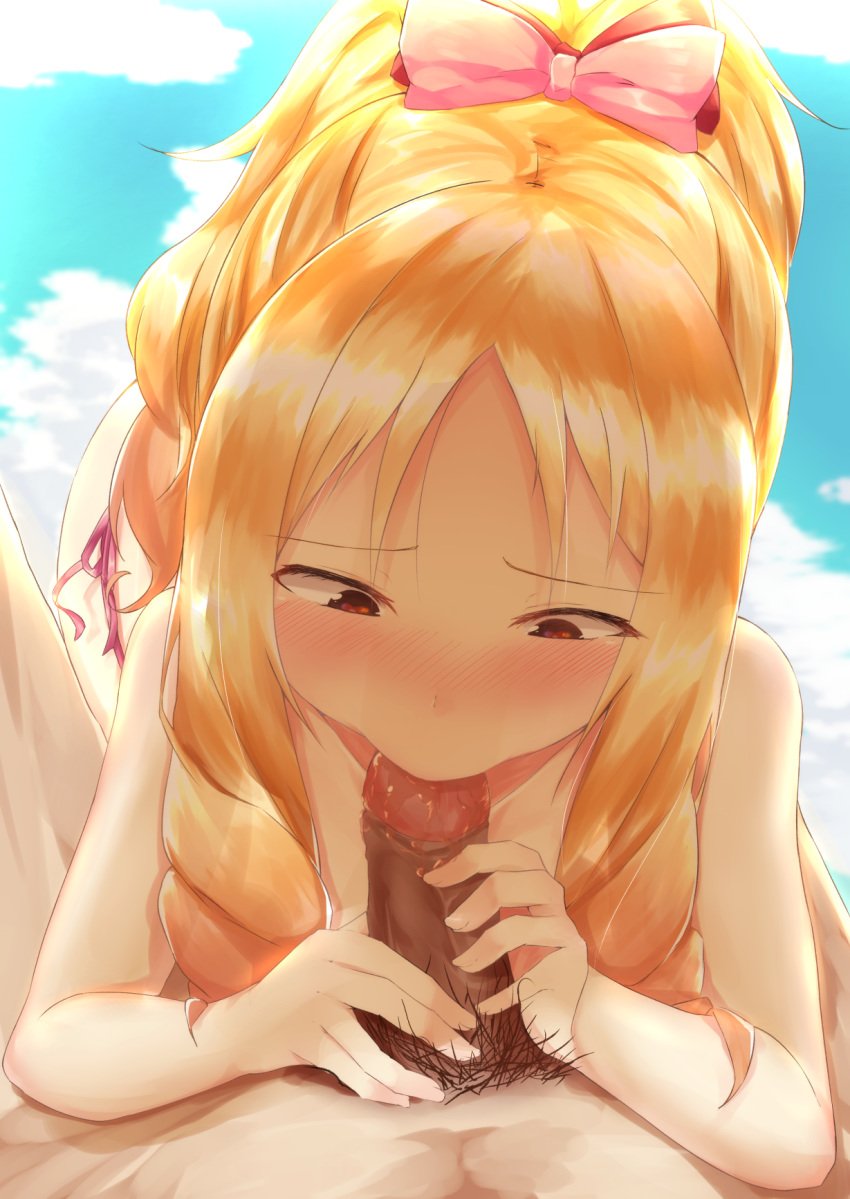 :>= blonde_hair blush bow brown_eyes cloud cloudy_sky day eromanga_sensei fellatio female hairbow highres looking_down male_pubic_hair nenosame_(nenosame5_) oral outdoors penis pink_bow playing_skinflute ponytail pov pubic_hair ringlets saliva sidelocks sky solo_focus straight uncensored wavy_hair yamada_elf