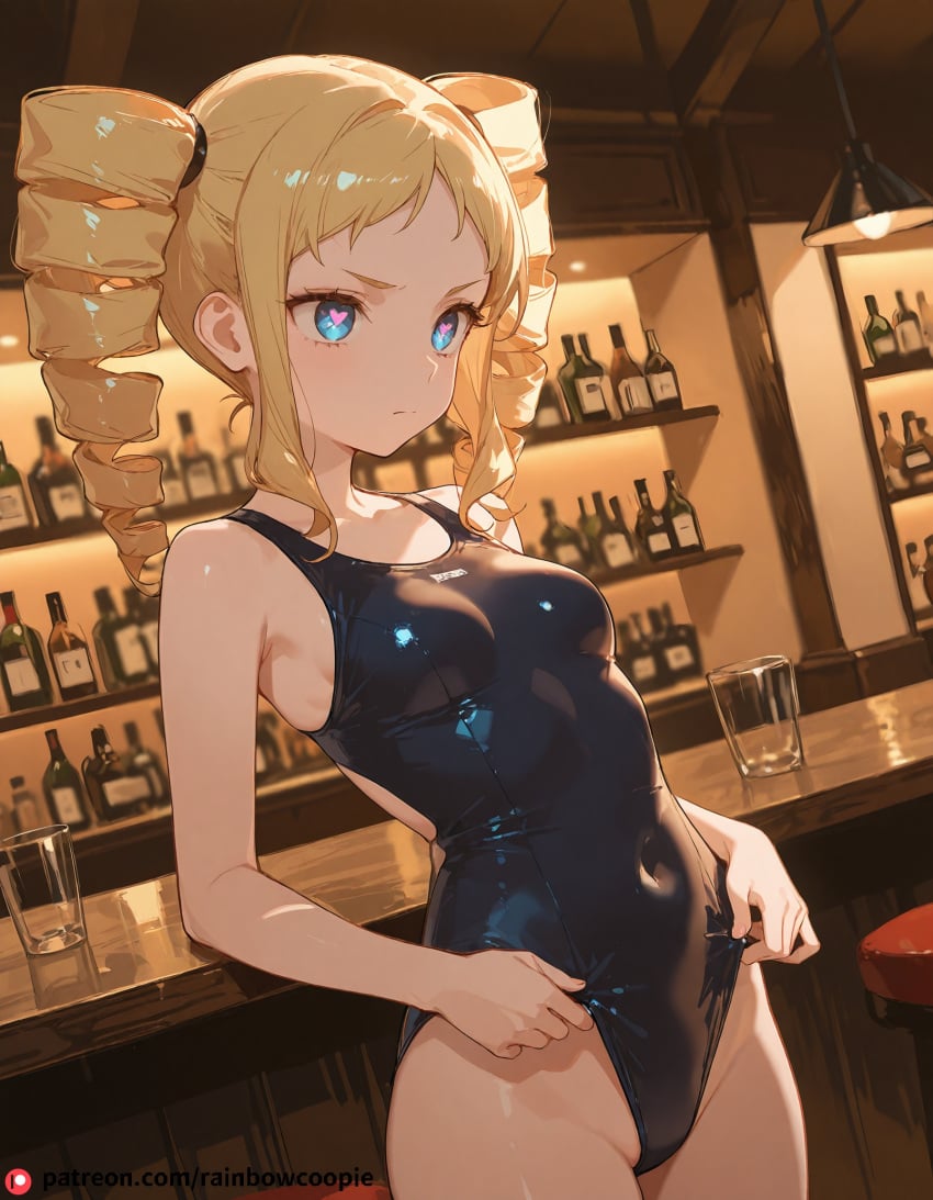 ai_generated bar beatrice beautfiul_background blue_eyes drill_hair empty_room female_child glaring long_hair medium_breasts one-piece_swimsuit sidelocks stunning_backgroud symbol-shaped_pupils twin_drills twintails {others}flashing_her_tits