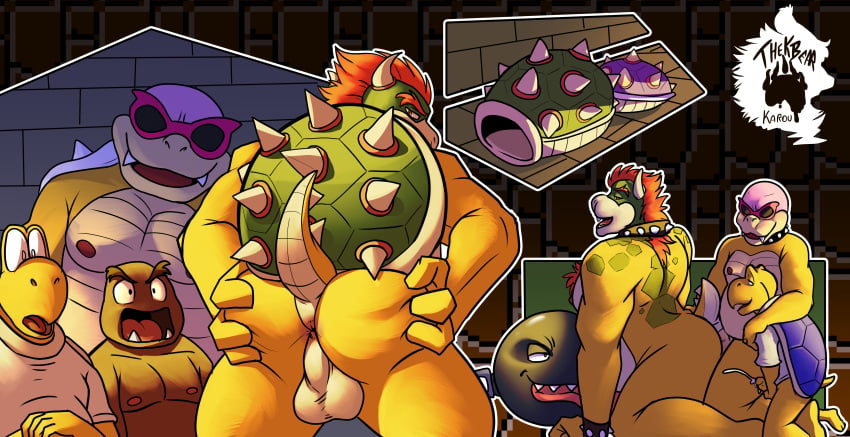 4boys absurd_res anal anal_sex anthro anus balls bodily_fluids bowser chain_chomp comic cum cumshot ejaculation eyewear eyewear_only fellatio fellatio_while_penetrated gay gay_sex genital_fluids genitals goomba group group_sex hi_res humanoid_genitalia humanoid_penis koopa koopa_troopa koopaling looking_at_viewer looking_back looking_back_at_viewer male male/male male_anthro mario_(series) masturbation nintendo nipples nude oral penetration penile penis presenting presenting_anus roy_koopa scalie sex shell size_difference small_dom_big_sub spread_anus spreading sunglasses sunglasses_only thekinkybear turtle_shell