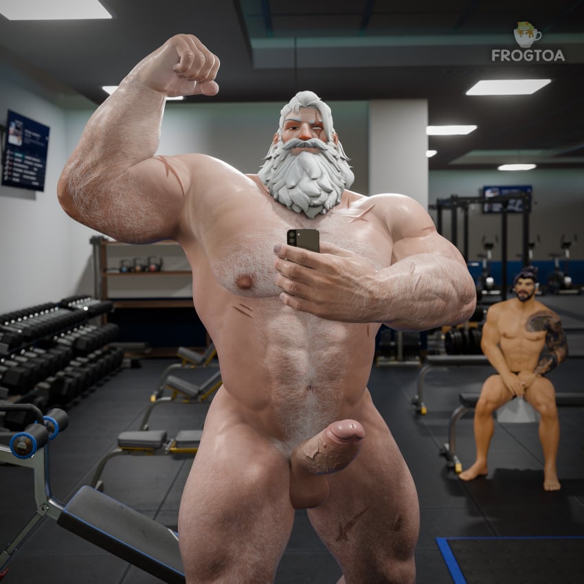 2boys age_difference beard erect erection flex flexing flexing_bicep flexing_biceps flexing_muscles frogtoa gym hanzo hanzo_shimada looking_at_viewer male male_focus male_only mature mature_male muscle muscles muscular muscular_arms muscular_legs muscular_male muscular_thighs naked naked_male nude nude_male older_male overwatch reinhardt selfie selfie_pose white_beard