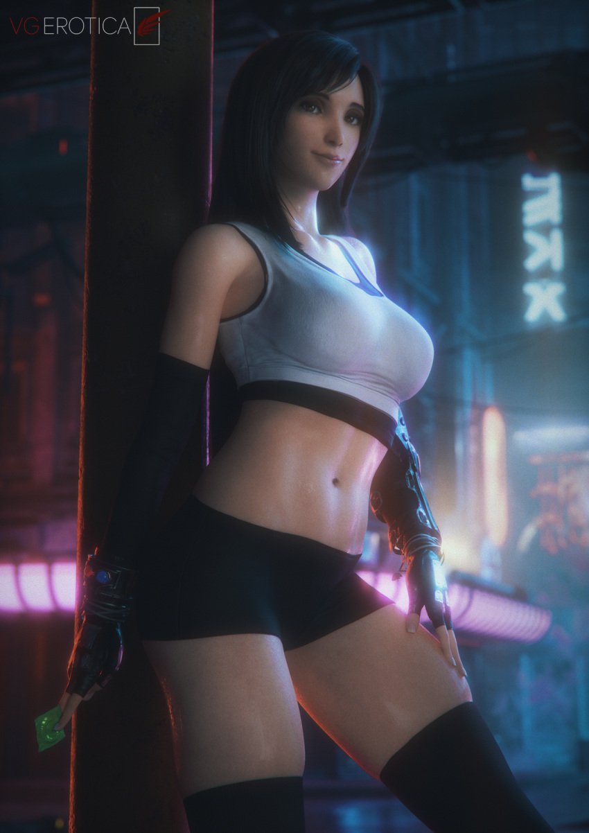 1girls 2025 3d 3d_(artwork) black_hair blender clothed clothing detailed_background female female_focus female_only final_fantasy final_fantasy_vii final_fantasy_vii_remake hi_res highres light-skinned_female light_skin long_hair pose posing shorts showing_off square_enix tank_top thick_thighs thigh_highs thighhighs tifa_lockhart vgerotica watermark