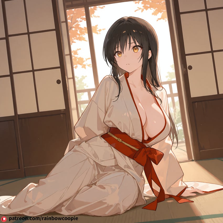 ai_generated beautfiul_background bird clothing huge_breasts japanese_style_room kotegawa_yui large_breasts medium_breasts scared sitting stunning_backgroud to_love-ru