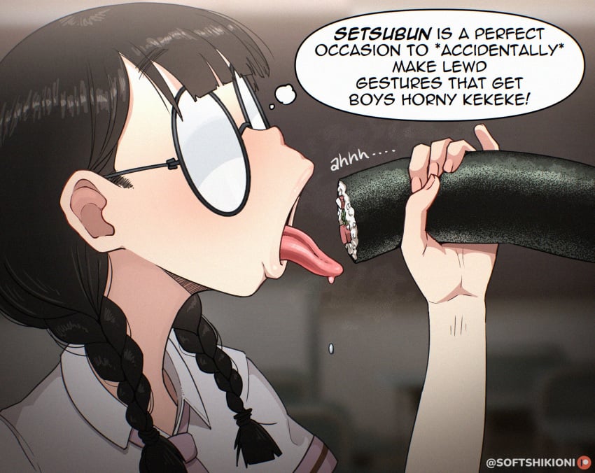 1girls 2025 ahh big_glasses black_glasses black_hair black_hair_female blowjob_gesture braided_hair braids classroom clothed clothed_female dialogue dripping_saliva ehomaki english english_dialogue english_text eyewear february february_(month) fellatio_gesture female female_focus female_pervert female_student food fully_clothed girl glasses glasses_on_face hi_res holding_food holding_object indoor indoors japanese_female japanese_food lewd lewd_gesture mouth mouth_focus neck_tie necktie open_mouth open_mouth oral oral_gesture pale-skinned_female pale_skin pale_skinned_female pervert pervert_female perverted reiko_mizushima saliva saliva_drip school school_uniform schoolgirl schoolgirl_uniform setsubun slup softshikioni solo_female solo_focus student sushi teasing teasing_viewer text thought_bubble tie tongue tongue_out twitter_link twitter_user_oc two_braids wearing_eyewear wearing_glasses wet white_collar white_collared_shirt white_glasses