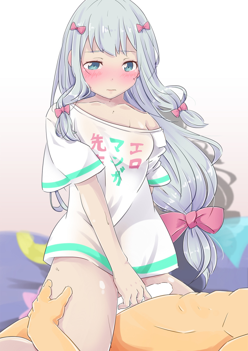 1boy artist_request bangs blue_eyes blush bow censored closed_mouth eromanga_sensei eyebrows_visible_through_hair female hairbow highres izumi_sagiri long_hair low-tied_long_hair penis shadow shirt silver_hair solo_focus white_shirt