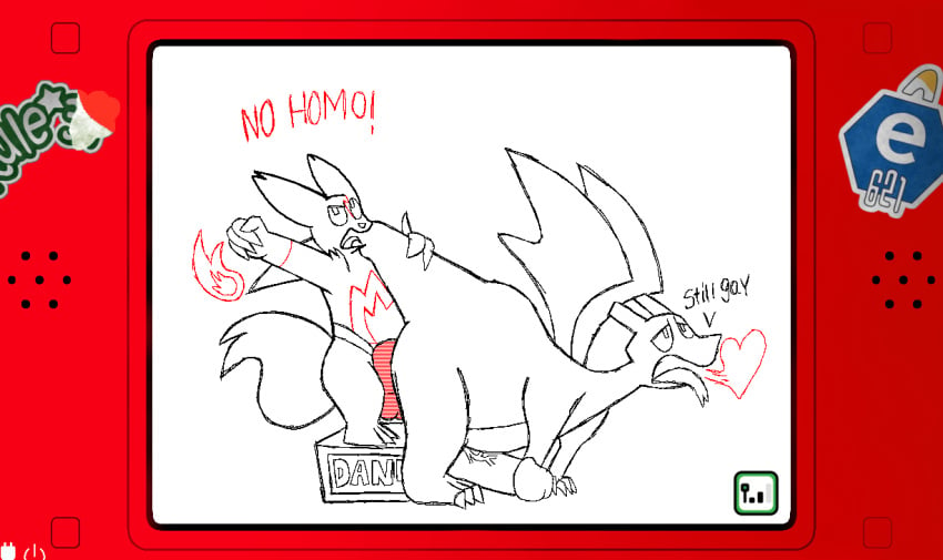 anthro charizard digital_media_(artwork) dildo duo electronics erection flipnote_studio_(artwork) flipnotecreation game_console generation_1_pokemon generation_3_pokemon hand_in_air heart_symbol holding_tail lcd looking_up male male/male nintendo nintendo_ds_family nintendo_dsi nintendo_dsi_console no_homo pokemon pokemon_(species) red_color sex_toy smoke smoke_from_mouth standing_on_box sticker strapon tail zangoose