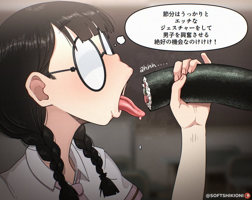 1girls 2025 ahh big_glasses black_glasses black_hair black_hair_female blowjob_gesture braided_hair braids classroom clothed clothed_female dripping_saliva ehomaki english english_text erect_penis eyewear february february_(month) fellatio_gesture female female_focus female_pervert female_student food fully_clothed girl glasses glasses_on_face hi_res holding_food holding_object indoor indoors japanese_female japanese_food japanese_text lewd lewd_gesture mouth mouth_focus neck_tie necktie note_translated open_mouth oral oral_gesture pale-skinned_female pale_skin pale_skinned_female pervert pervert_female perverted reiko_mizushima saliva saliva_drip school school_uniform schoolgirl schoolgirl_uniform setsubun slup softshikioni solo_female solo_focus student sushi teasing teasing_viewer text thought_bubble tie tongue tongue_out twitter_link twitter_user_oc two_braids wearing_eyewear wearing_glasses wet white_collar white_collared_shirt white_glasses