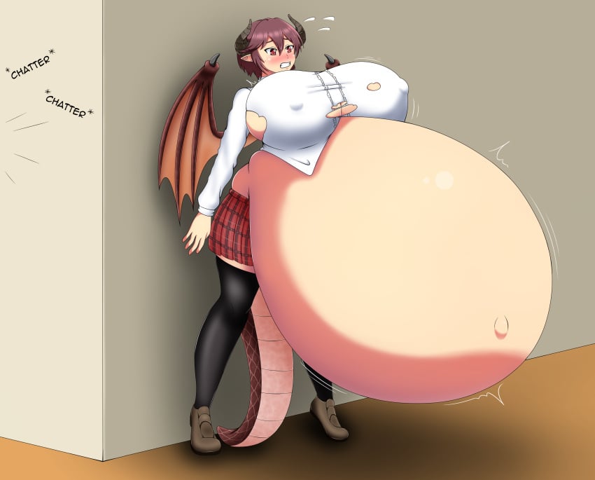 1girls alternate_breast_size back_against_wall belly belly_expansion bloated_belly blush breast_expansion breasts breasts_bigger_than_head breasts_on_belly clothed clothing dragon_girl dragon_horns dragon_tail dragon_wings female female_focus gigantic_breasts granblue_fantasy grea_(shingeki_no_bahamut) hiding horns hyper hyper_belly hyper_pregnancy nipple_bulge pointy_ears pregnancy_expansion pregnant pregnant_female red_eyes red_hair ripped_clothing round_belly shingeki_no_bahamut shirt shoes short_hair skirt slit_pupils standing tail thighhighs thighs timaeus wings