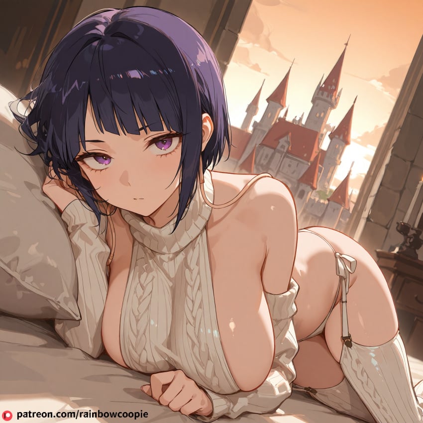 ai_generated beautfiul_background castle embarrass huge_breasts jirou_kyouka lying stunning_backgroud virgin_destroyer_sweater