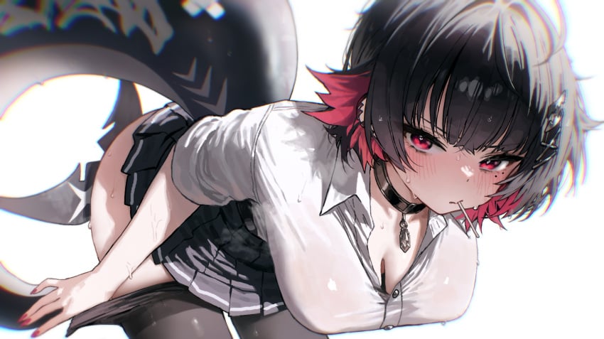 1girls artist_request ass big_ass big_breasts big_thighs black_hair blush breasts ellen_joe female female_focus female_only leggings lollipop looking_at_viewer multicolored_hair pierced_ears piercing piercings red_eyes red_hair shark_girl shark_tail sharp_teeth shirt skirt sweat sweatdrop sweating tagme thick_thighs thighs zenless_zone_zero