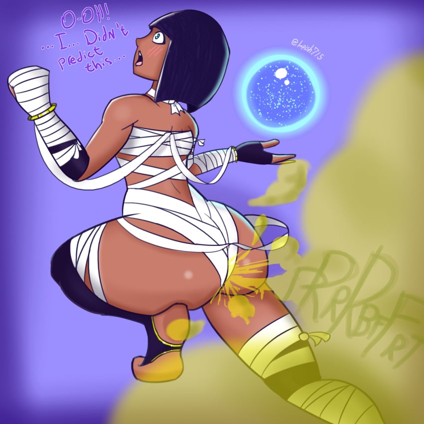 accidental_fart big_ass blush dark-skinned_female dark_skin fart fart_cloud fart_fetish impish715 menat_(street_fighter) mummy mummy_wrappings street_fighter street_fighter_v thick_ass