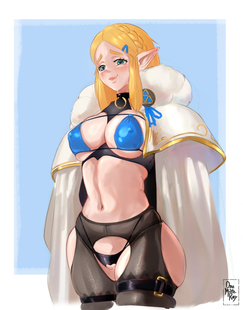 absurdres bikini blonde_hair blue_bikini bow bow_panties breasts collar crotchless crotchless_bikini elf female green_eyes highres large_breasts lingerie navel onemoreray panties pantyhose pointy_ears princess_zelda pussy swimsuit the_legend_of_zelda the_legend_of_zelda:_breath_of_the_wild thick_thighs thighs uncensored underwear wide_hips winter_uniform