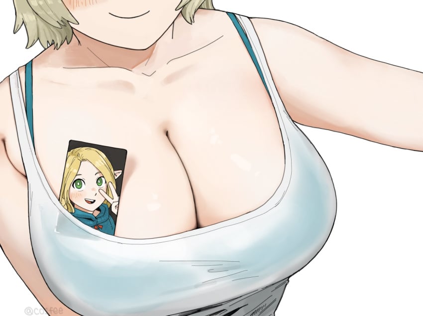 1elf 1girls big_breasts blonde_hair co1fee dungeon_meshi elf_ears elf_female elf_girl falin_touden huge_breasts large_breasts light-skinned_female light_skin marcille_donato picture plump pov short_hair simple_background smile smiling tank_top top_heavy top_view voluptuous voluptuous_female white_background