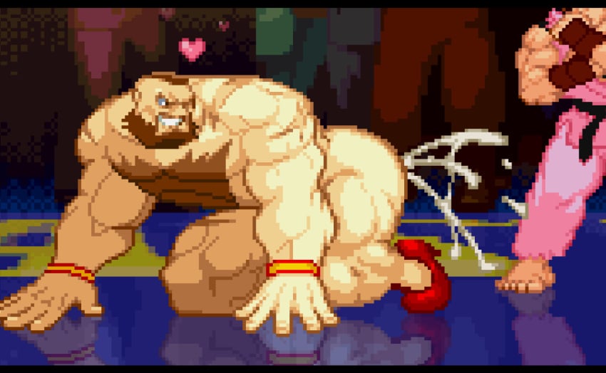 bara capcom cum cum_in_ass cum_inside dan_hibiki gay huge_thighs m.u.g.e.n male male_only para-p pixel_art reflective_floor street_fighter zangief