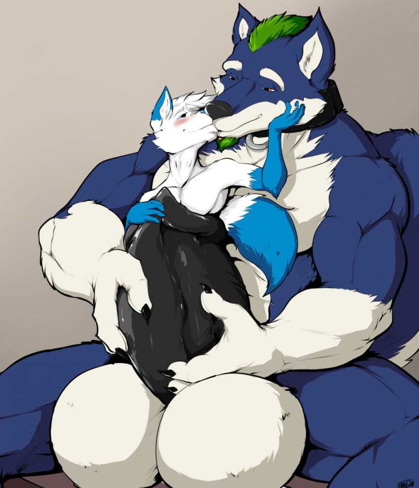 2020 anthro artist_name balls big_balls big_penis black_collar blue_body blue_eyes blue_fur blush canid canine canis claws cock_vore collar domestic_dog duo feet_first fur genitals green_hair hair hi_res huge_balls huge_cock husky hyper hyper_balls hyper_genitalia hyper_penis kissing kissing_prey male male/male mammal nordic_sled_dog orange_eyes pandottermon partially_inside penile penis romantic romantic_couple signature simple_background sitting size_difference spitz text vore wearing_collar white_body white_fur willing_pred willing_prey