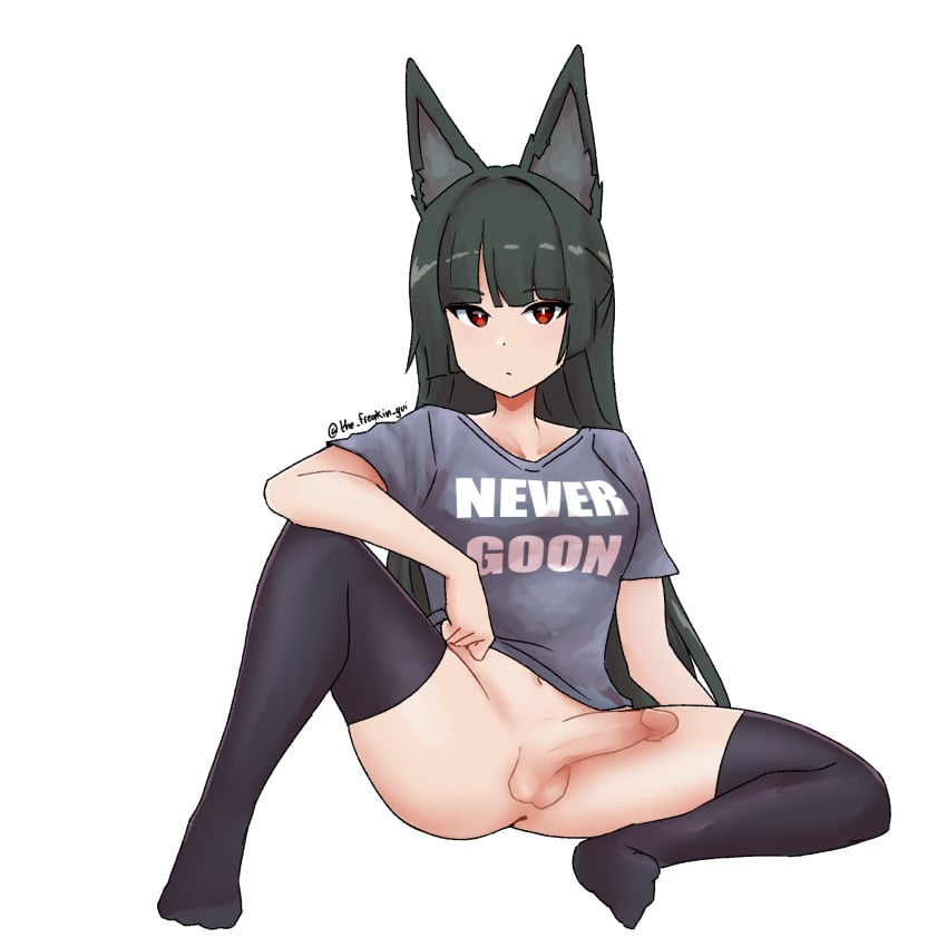 1futa animal_ears bottomless clothed erection futa_only futanari hoshimi_miyabi meme_clothing never_goon partially_clothed penis red_eyes solo spread_legs testicles text_on_clothing the_freakin'_yui uncensored white_background zenless_zone_zero