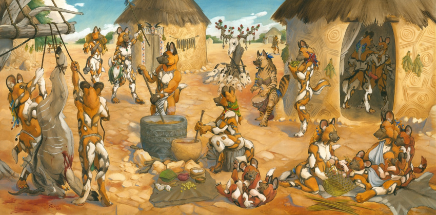 african_wild_dog animal_genitalia antelope anthro blood bowl breast_feeding breasts brown_fur canine claws clothing cooking crouching dark_fur death drum erection exposed_breasts female food food_bowl fur grope hanging hooves horn hut hyena kikivuli male mammal melee_weapon multicolored_fur musical_instrument nipples nude ocarina orange_fur oryx outdoors pelt penis playful playing playing_music polearm predator/prey pregnant scale_(artist) sitting skull slice_of_life spear spots spotted_fur standing striped_fur striped_hyena stripes tan_fur testicles totem two_tone_fur utunu weapon white_fur yaoi