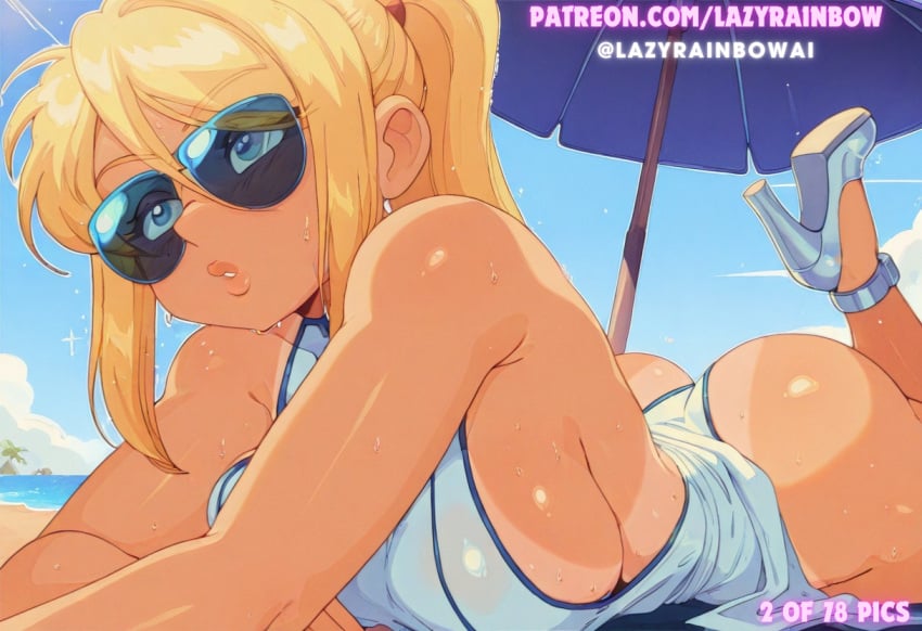 ai ai_assisted ai_generated beach blonde_female blonde_hair hi_res lazyrainbow nintendo sadtomato samus_aran sunbathing sunglasses tagme tan_body tanline