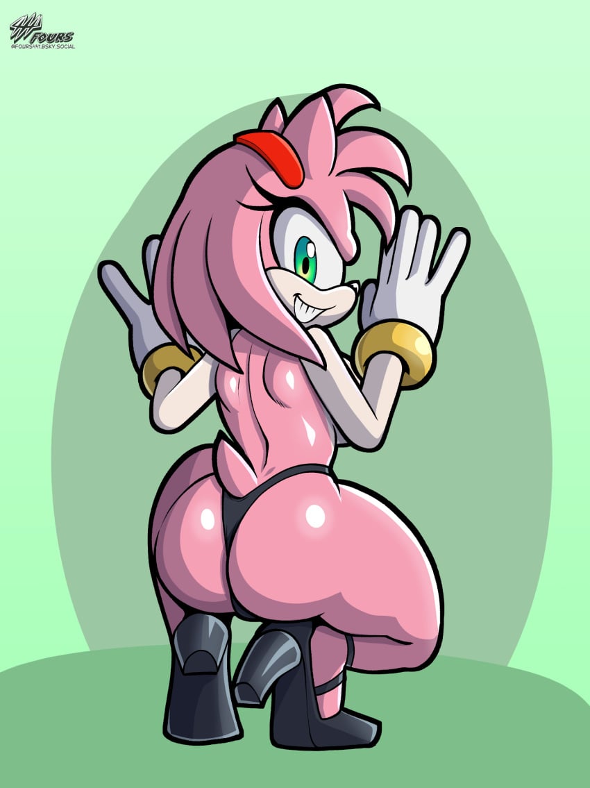 amy_rose anthro ass breasts clothed clothing crouching eulipotyphlan female footwear fours_(artist) gloves green_eyes handwear hedgehog heels_only hi_res high_heels looking_at_viewer looking_back looking_back_at_viewer mammal mostly_nude panties panties_only pink_body sega shoes smile solo sonic_(series) sonic_the_hedgehog_(series) topless underwear underwear_only wristband