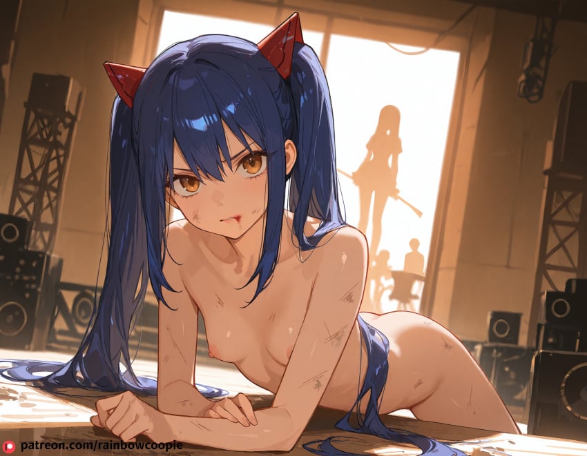 ai_generated ass beautfiul_background bloodstained blue_hair breasts dirty fairy_tail flushed_lips glaring looking_at_viewer nipples small_breasts stage stunning_backgroud twintails wendy_marvell