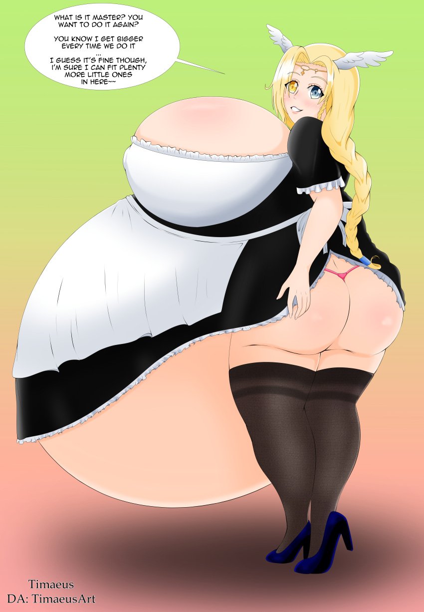 1girls ass belly belly_bigger_than_body big_ass bloated_belly blonde_hair blue_eyes breasts breasts_bigger_than_head english_text female female_focus gigantic_belly gigantic_breasts gradient_background heterochromia high_heels hyper hyper_belly hyper_breasts hyper_pregnancy looking_at_viewer looking_back maid maid_uniform nanatsu_no_bitoku nipple_bulge panties pregnant pregnant_female ready_to_pop round_belly sariel_(the_seven_heavenly_virtues) simple_background skindentation speech_bubble text the_seven_heavenly_virtues thick_thighs thighhighs thighs timaeus yellow_eyes