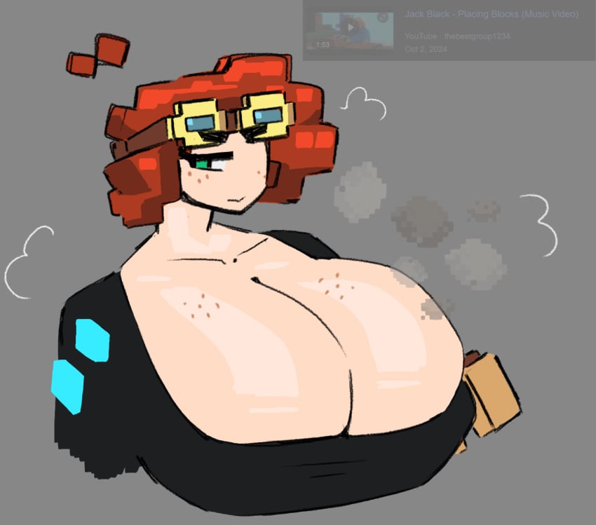 big_breasts breasts cleavage cleavage_overflow cute doodle freckles gameplay_mechanics goggles huge_breasts light-skinned_female light_skin minecraft red_hair shewiff showing_breasts solo solo_female steam steaming_body sweaty voluptuous voluptuous_female