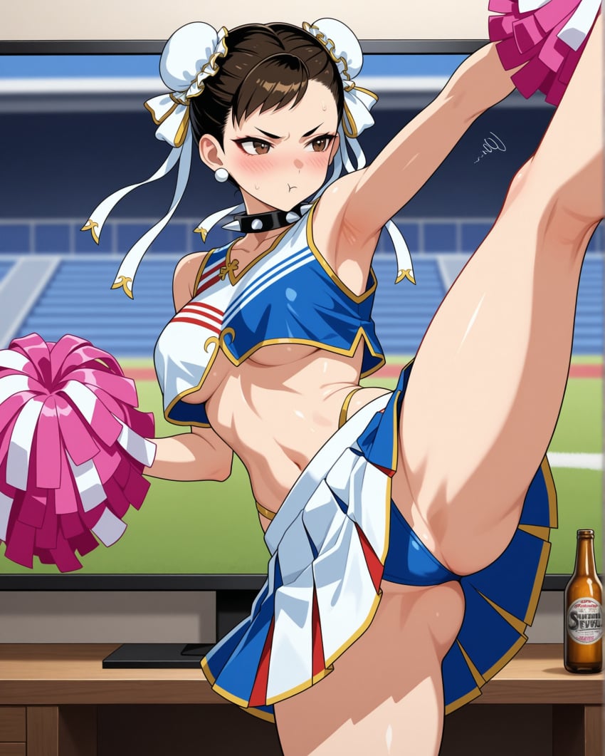 1girls ai_generated annoyed annoyed_expression armpits ass bare_arms bare_shoulders beer beer_bottle blush blush brown_eyes brown_hair bun_cover cheerleader cheerleader_uniform chun-li collar crop_top double_bun female hair_bun hair_buns high_kick indoors legs_apart looking_away midriff navel notreallyhere pleated_skirt pom_poms pout short_hair solo spiked_collar sports standing street_fighter television thong underboob