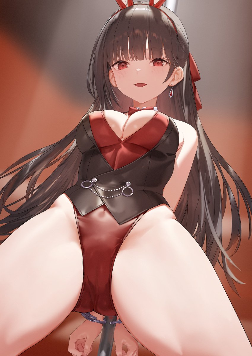 2d 2d_(artwork) aos black_hair breasts bunny_ears bunnysuit date_a_live light-skinned_female long_hair red_eyes solo solo_female thighs tokisaki_kurumi